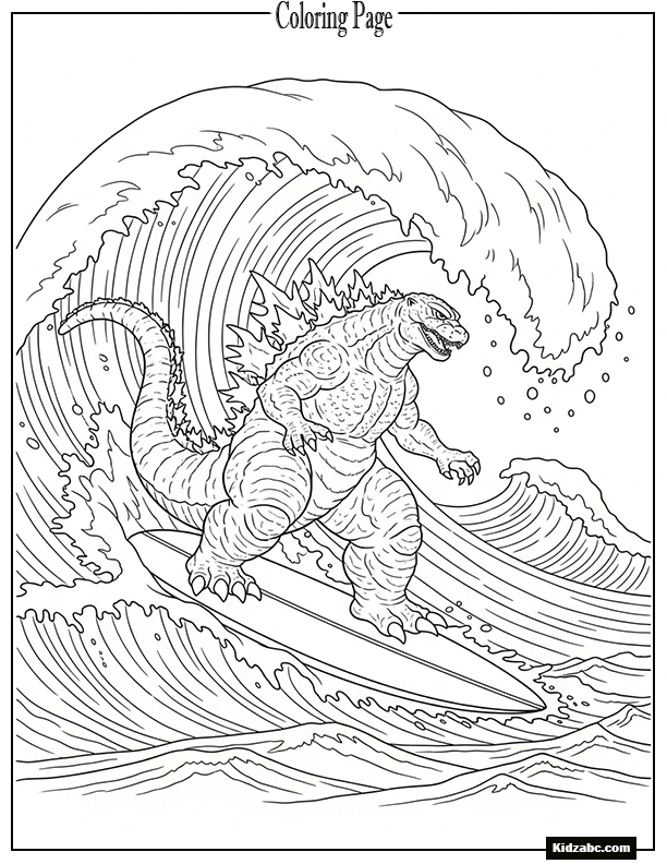 Godzilla surfing on a tsunami wave