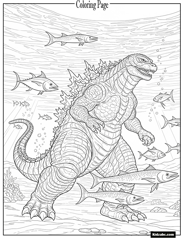 Godzilla underwater with fish swimming around