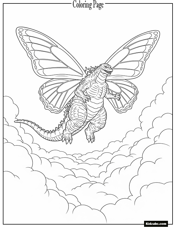 Godzilla with butterfly wings flying above the clouds