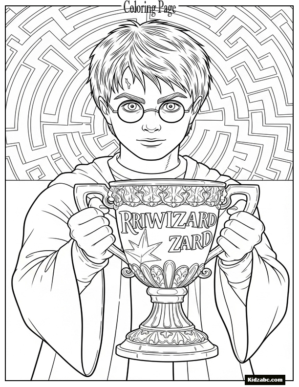 Harry clutching the Triwizard Cup with a determined and triumphant look