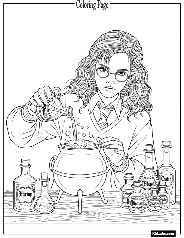 Hermione carefully adding an ingredient to a bubbling cauldron