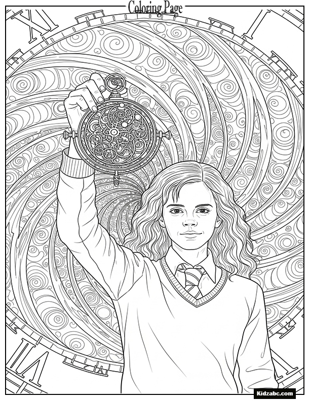Hermione holding up the intricate Time-Turner necklace