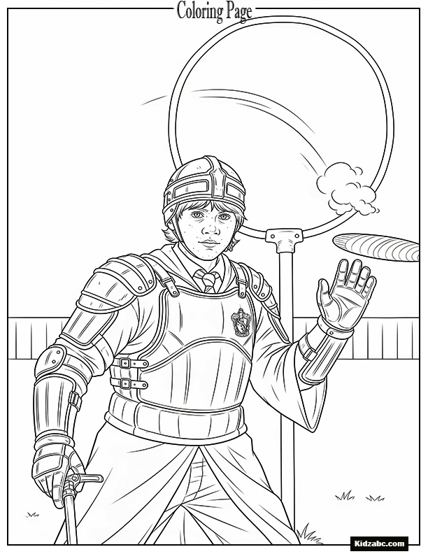 Ron Weasley in his full Gryffindor Quidditch Keeper gear