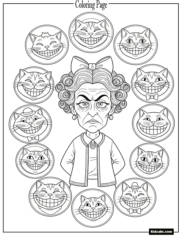 Silly Dolores Umbridge surrounded by smiling cat plates