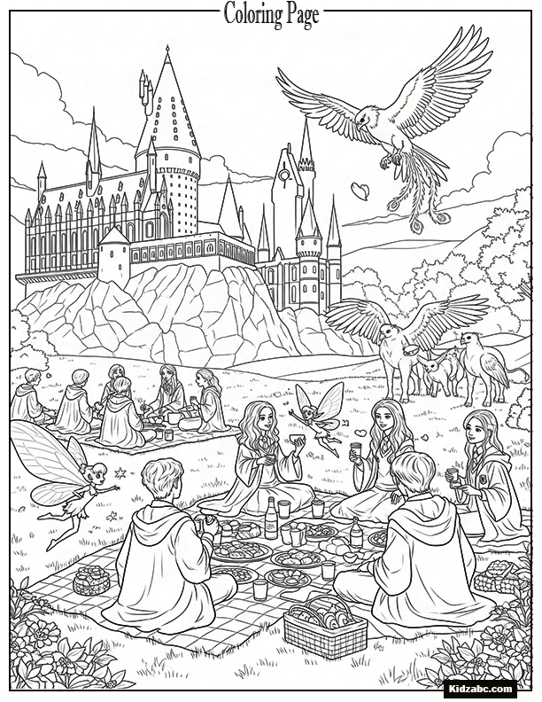 Spring picnic at the Hogwarts grounds with magical animals