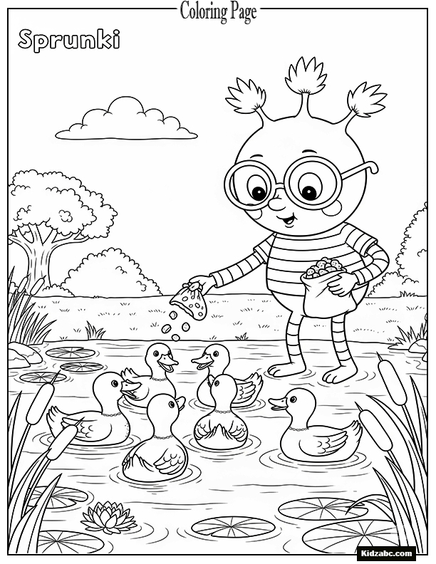 Sprunki feeding ducks in a pond