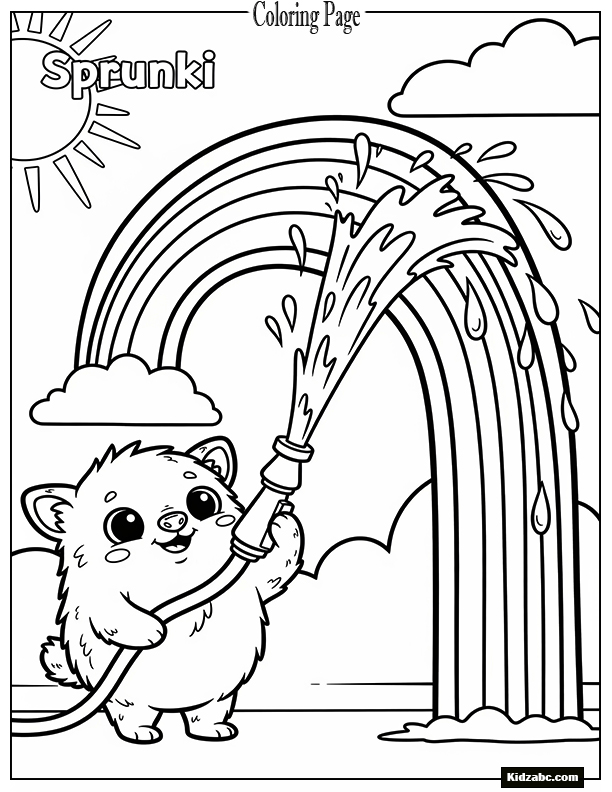 Sprunki making a rainbow with a hose