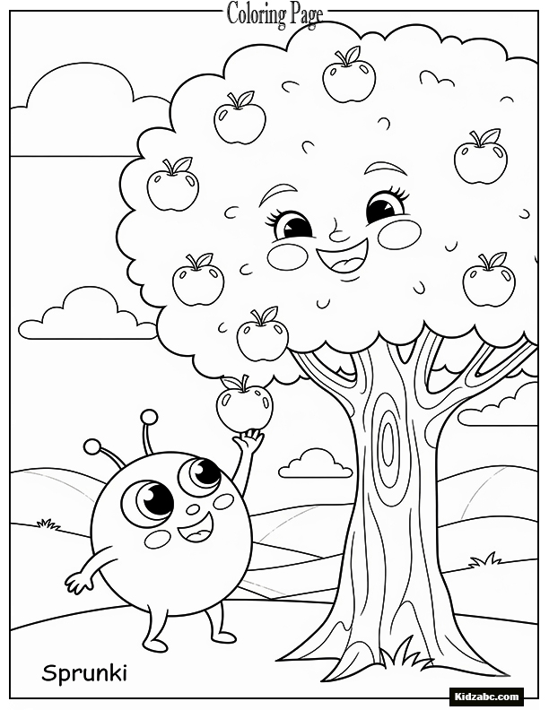 Sprunki picking apples from a smiling tree