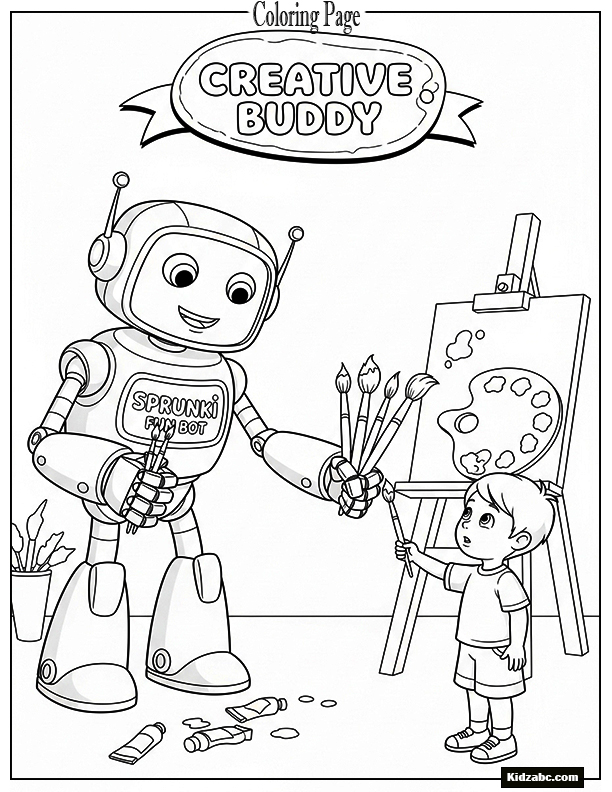 Sprunki robot offering paintbrushes to a child like figure
