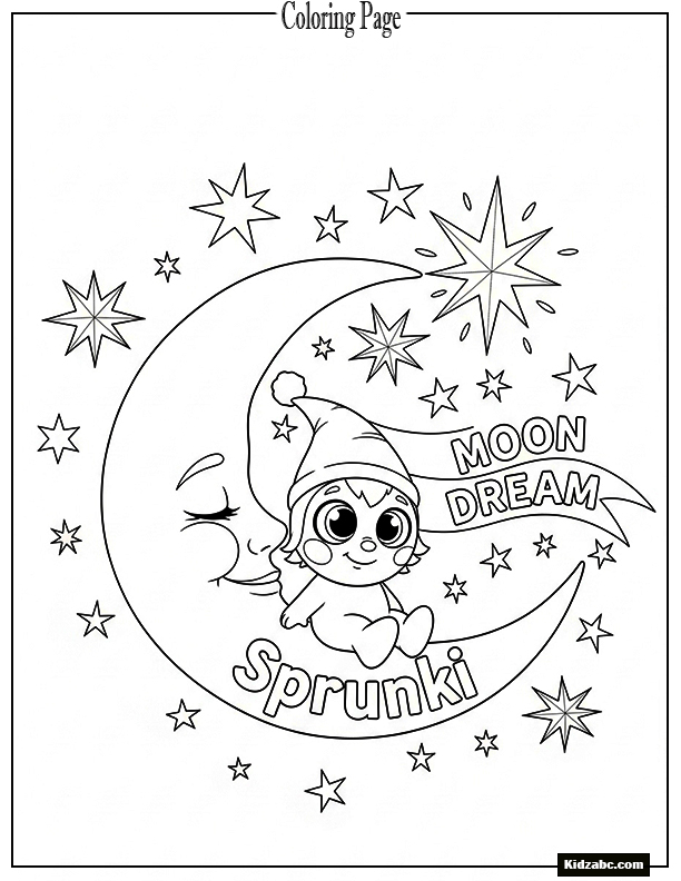 Sprunki sitting on a crescent moon, surrounded by twinkling stars