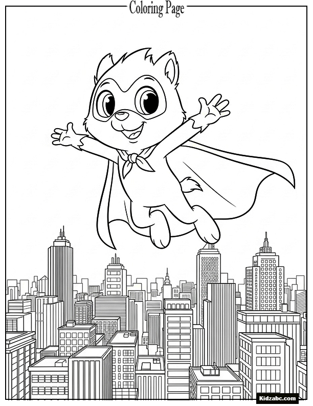 Sprunki wearing a superhero cape flying over a city skyline