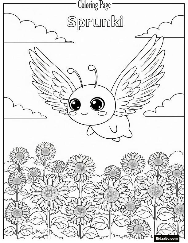 Sprunki with wings flying over a sunflower field