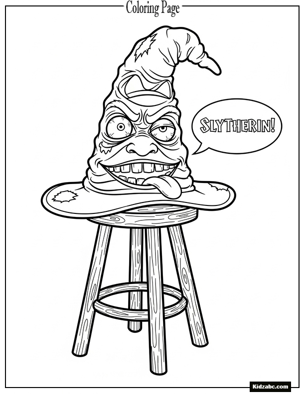 The Sorting Hat on a stool with a silly face and speech bubble