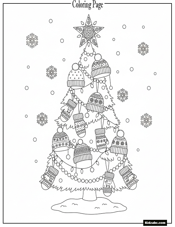 A Christmas tree decorated with mittens and hats