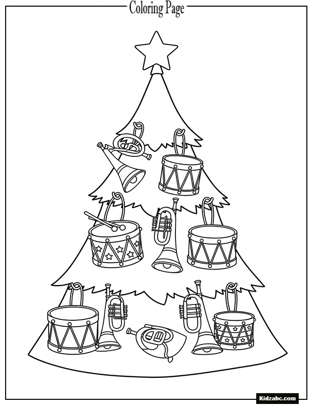 A Christmas tree decorated with toy drums and horns