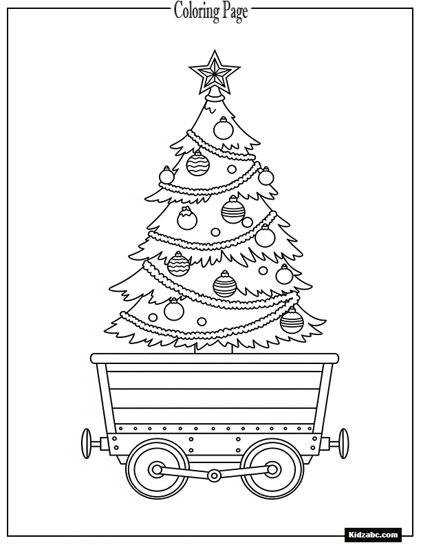 A Christmas tree in a toy train cart