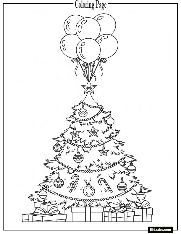 A Christmas tree with balloons floating above