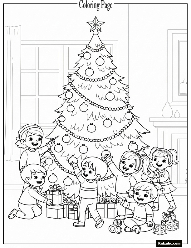 A Christmas tree with children playing around it