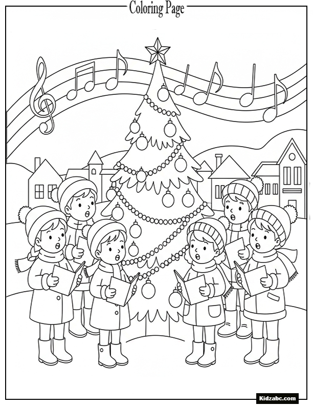 A Christmas tree with children singing carols