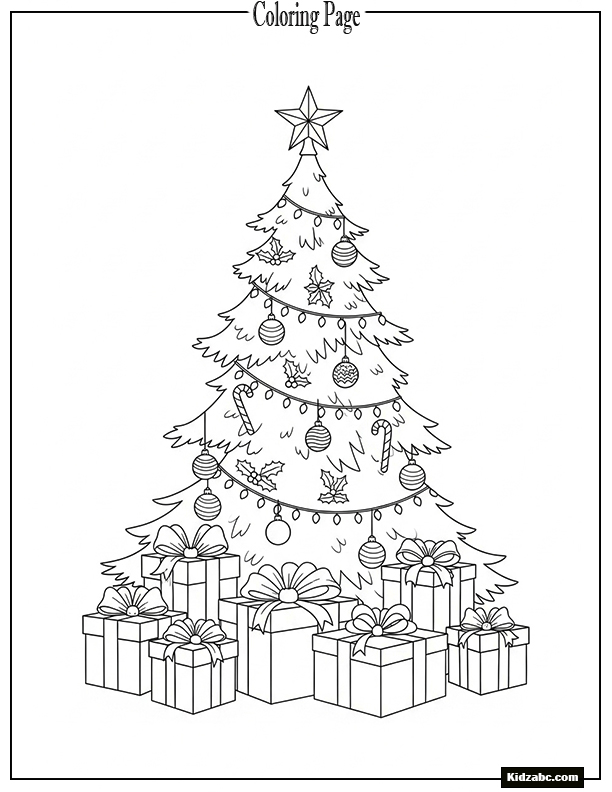 A Christmas tree with gift boxes below