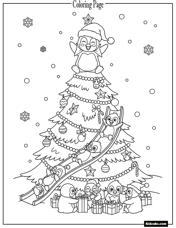 A Christmas tree with penguins sliding down