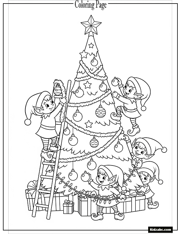 A Christmas tree with playful elves decorating it