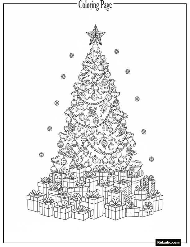 A Christmas tree with presents stacked high