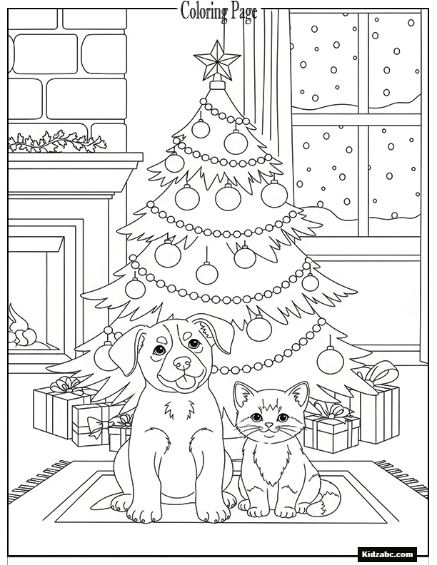 A Christmas tree with puppy and kitten