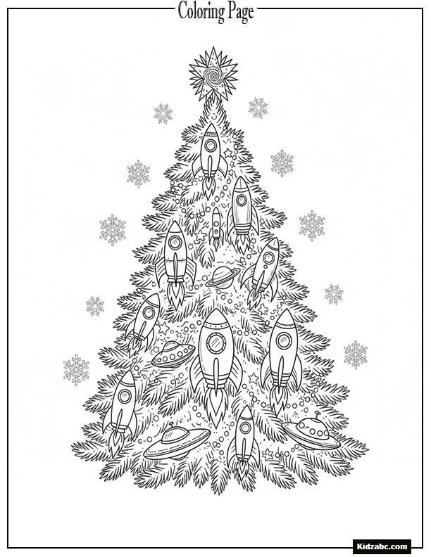 A Christmas tree with rocket ornaments