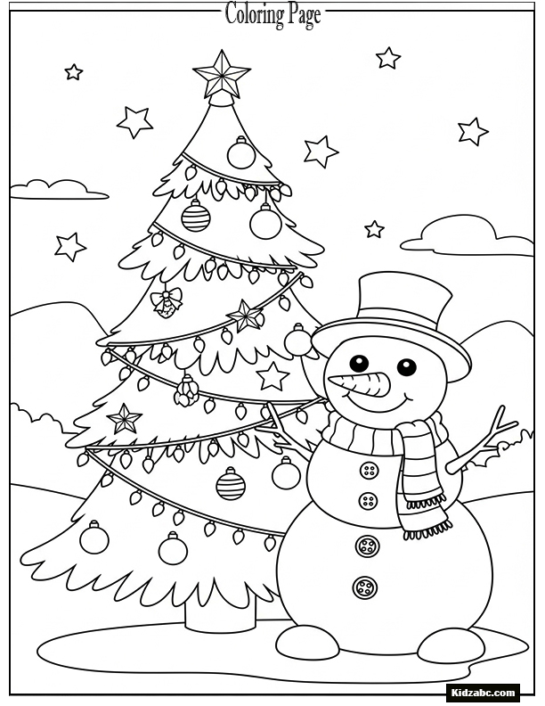 A Christmas tree with snowman standing beside it