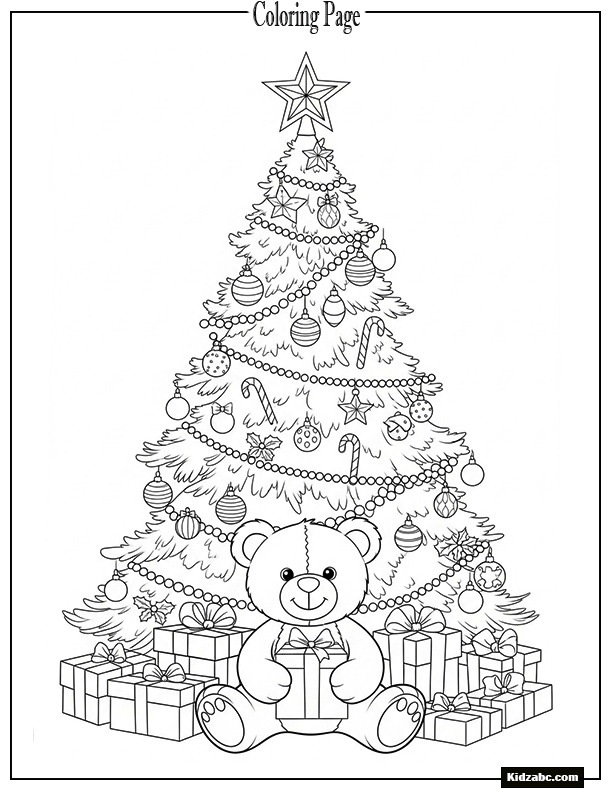 A Christmas tree with teddy bear holding a gift