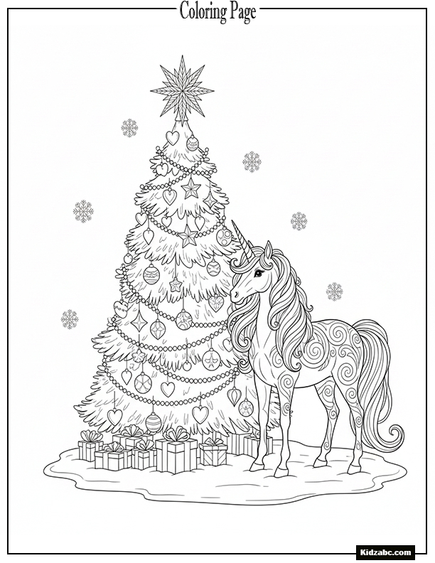 A Christmas tree with unicorn standing nearby
