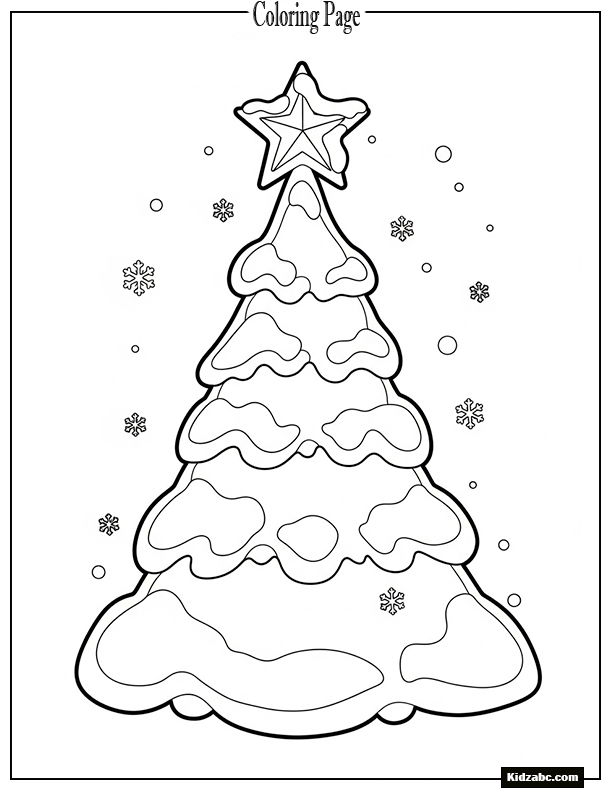 A snow-covered Christmas tree with a star on top