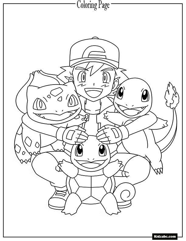 Ash hugging Bulbasaur, Charmander, and Squirtle