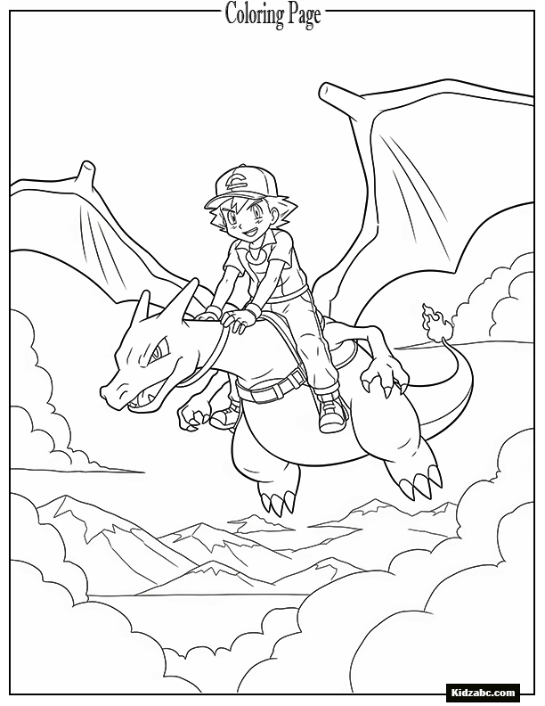 Ash riding Charizard into the sky