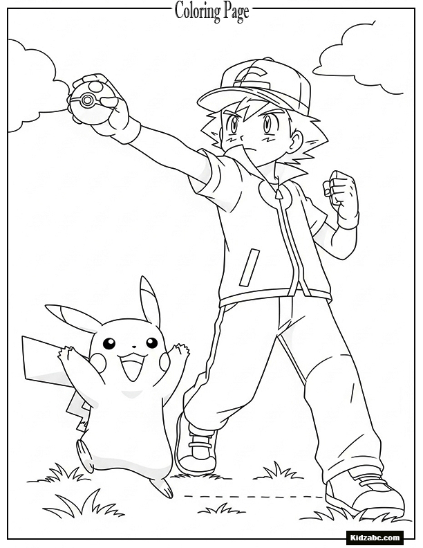 Ash throwing a Pokéball, Pikachu cheering
