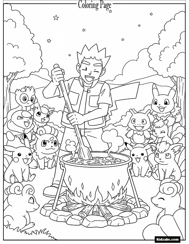 Brock cooking stew, Pokémon waiting happily