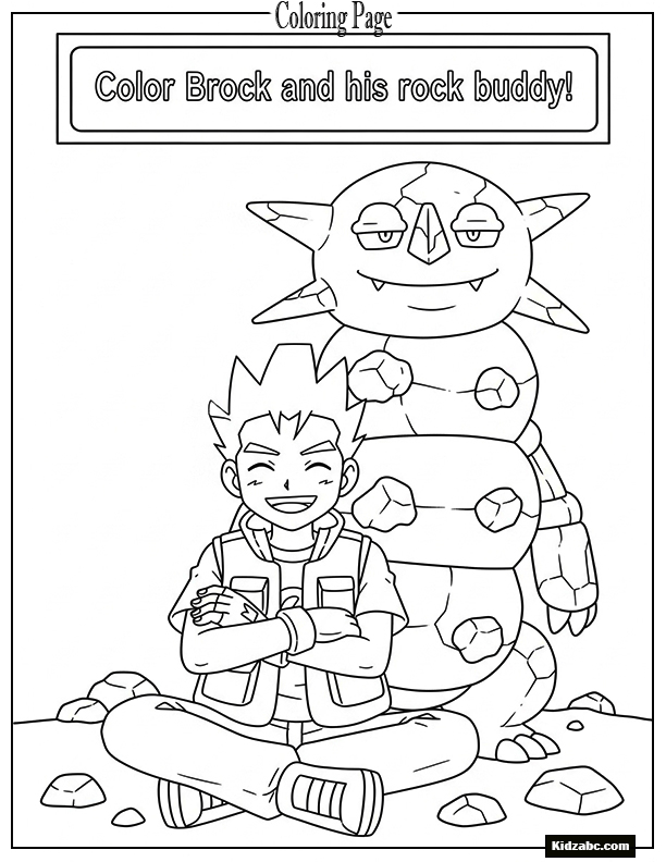 Brock sitting with Onix behind him, smiling proudly