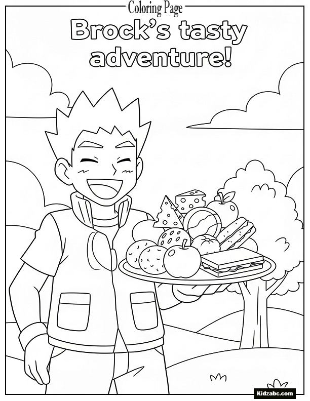 Brock standing with a big smile, holding a plate of food for Pokémon
