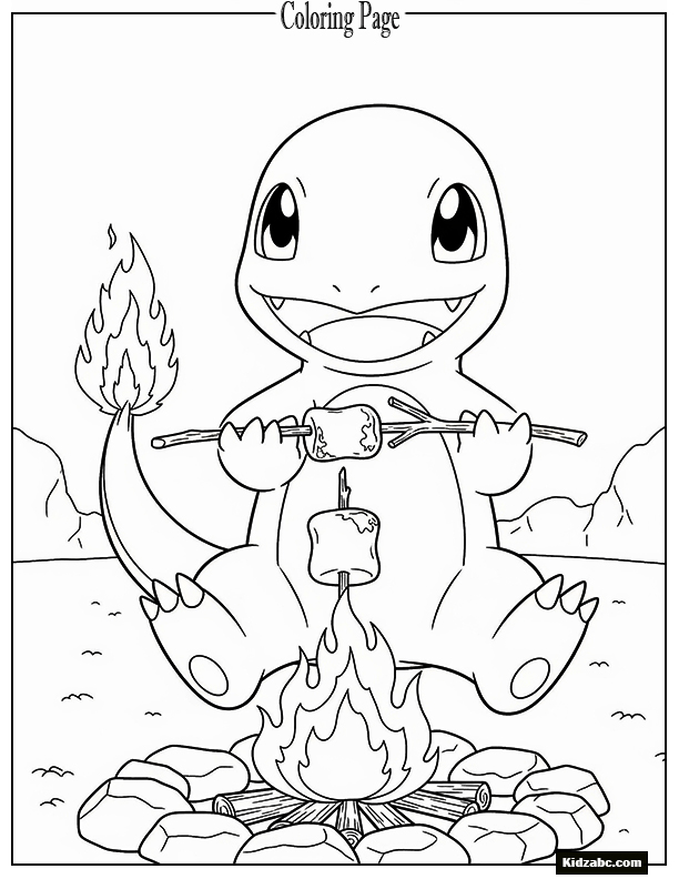 Charmander roasting marshmallows with its tail flame