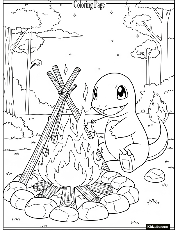 Charmander warming its hands by a campfire