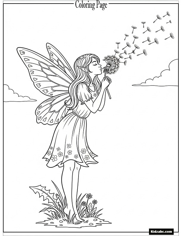 Fairy blowing dandelion seeds, grass beneath her feet