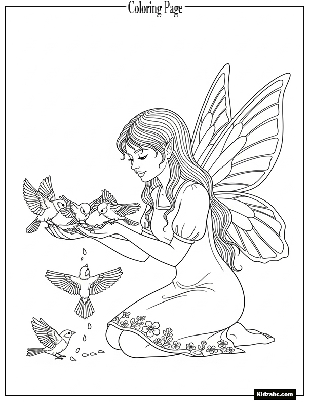 Fairy feeding tiny birds from her hands
