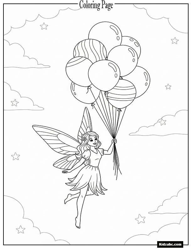 Fairy flying with balloons in her hands