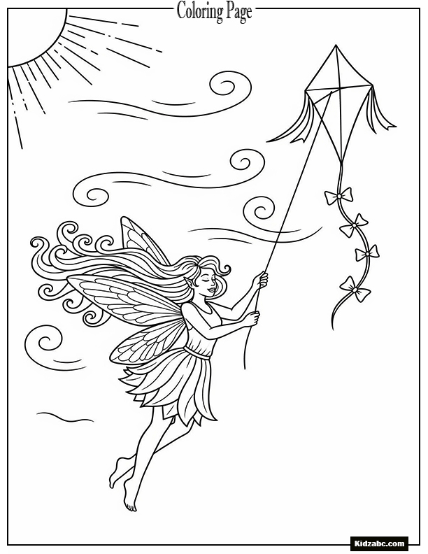 Fairy holding a kite on a windy day