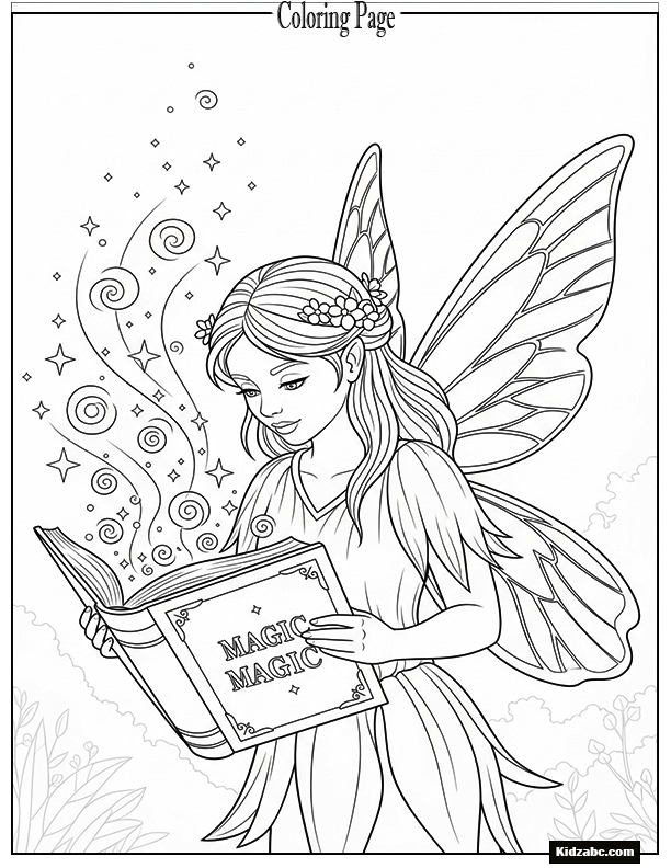 Fairy holding a magic book, sparkles floating