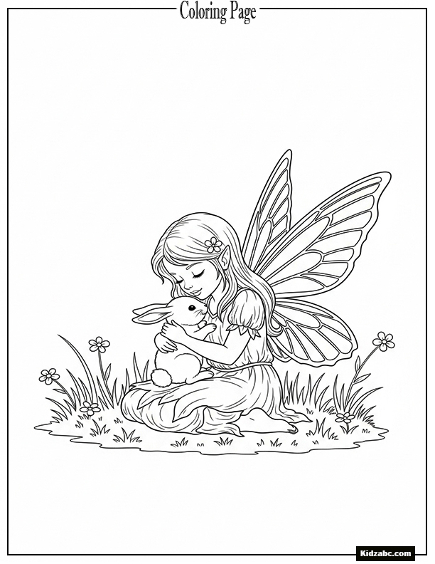 Fairy hugging a baby bunny, sitting in grass