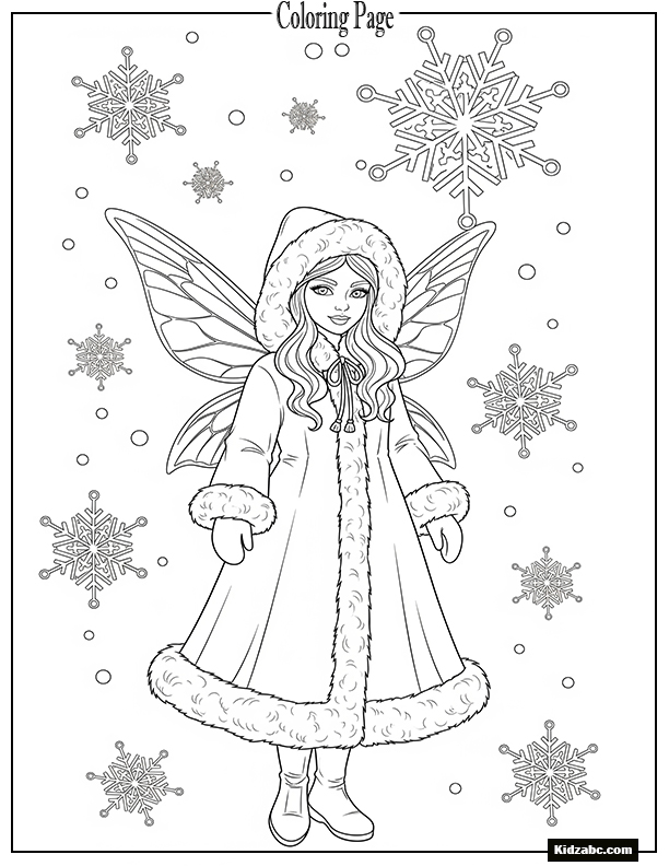 Fairy in winter coat with snowflakes