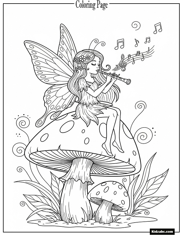 Fairy playing a flute, sitting on a mushroom