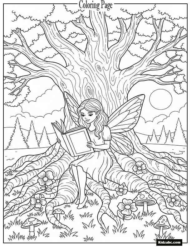 Fairy reading a storybook under a tree